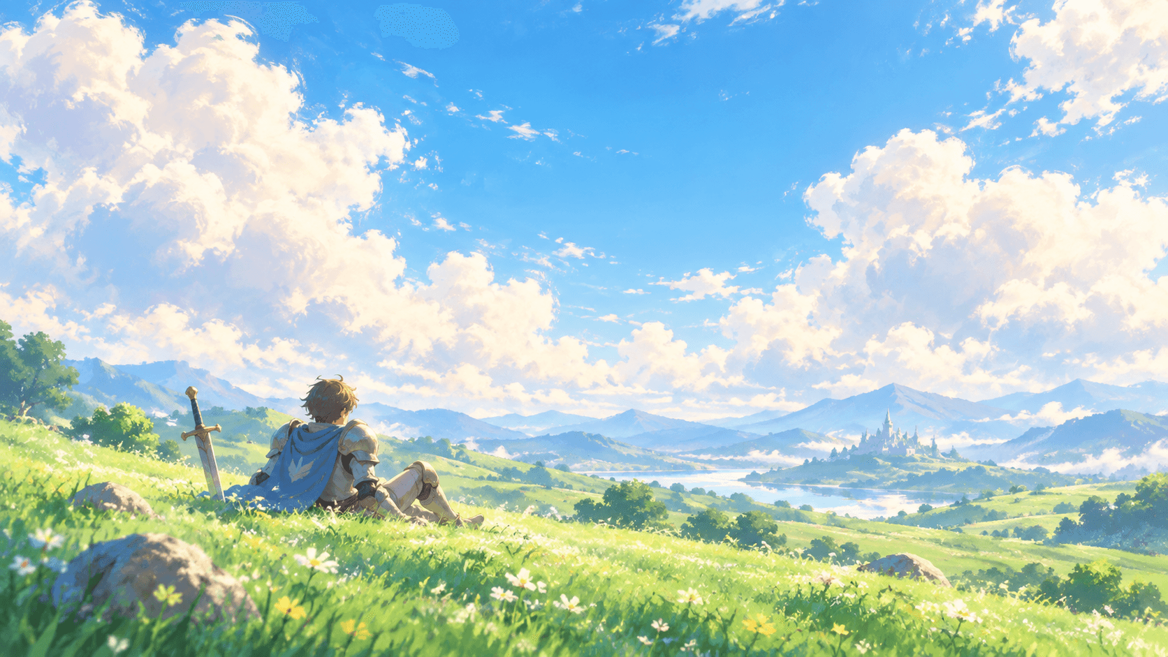 A traveler resting on a grassy hillside, looking toward distant mountains and a castle.